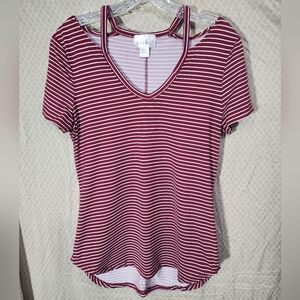 Just Be Burgundy Striped Peep Shoulder Vneck Short Sleeve Tshirt Women's Medium